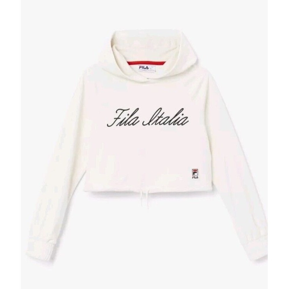 FILA Italia Women's Sofia Velour Cropped Pullover Hoodie Sweatshirt Ivory Sz XLG